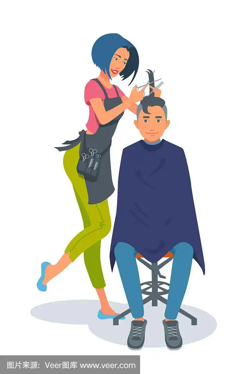 理发师在用剪刀理发.男孩剪了头发.