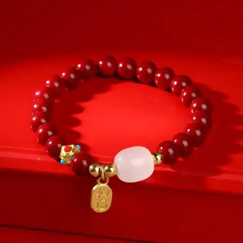 朱砂纳福转运珠手串男女情侣款手链本命年招财纳福和田玉直播礼品-阿