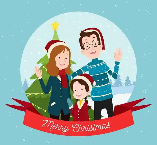 创意招手的圣诞三口之家矢量图