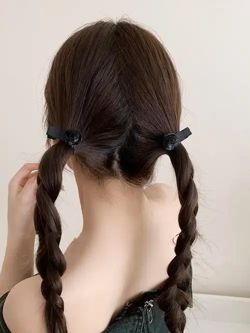 甜美风银色花朵蝴蝶结飘带发夹女后脑勺双马尾编发头饰小夹子发圈