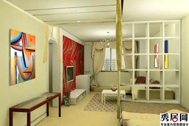 床床尾格子储物架隔断设计图 一居室改造二居室客厅整体装扮效果图