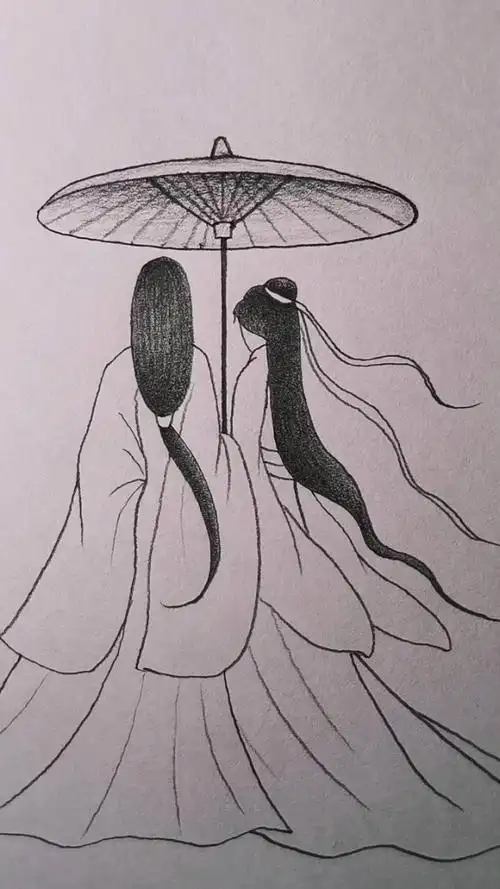 原创首发!古风双人背影简笔画.