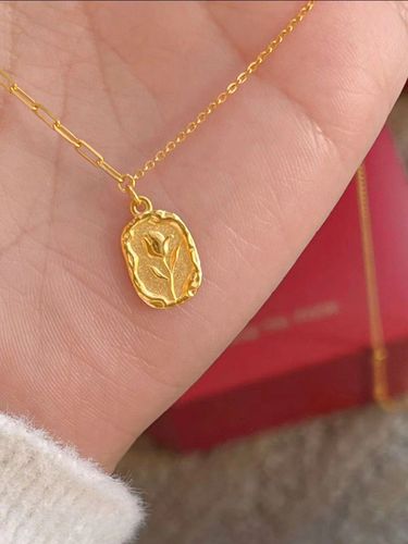 周大福足金郁金香复古浪漫黄金项链方牌计价女款国内专柜正品代购