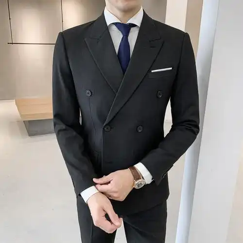 男士双排扣西服套装大码纯色西装三件套新郎婚宴演出英伦修身西装