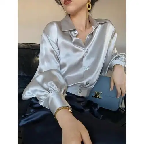 醋酸丝绸衬衫女复古港风2022秋装新款短款收腰显瘦气质缎面衬衣