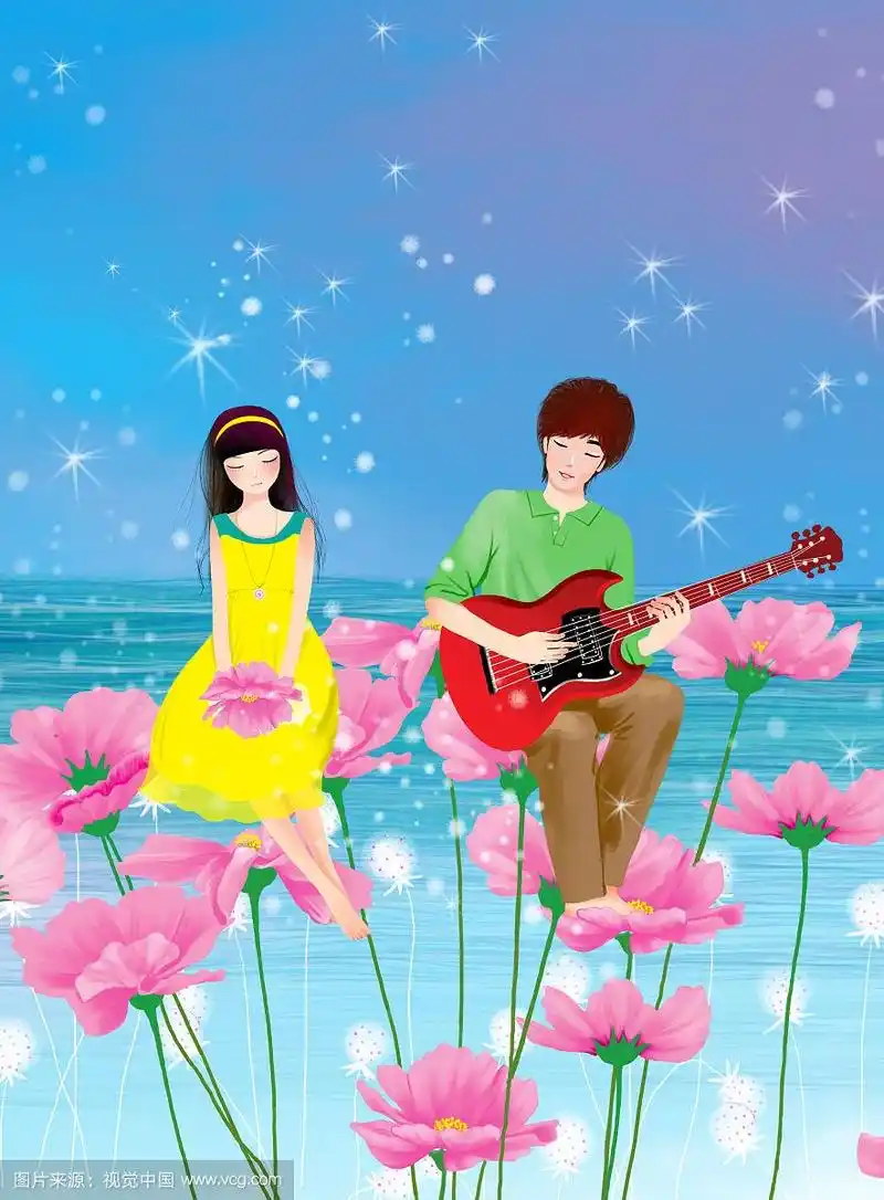 博览唯美插画系列-花朵上的男孩弹吉他和捧着花的女孩