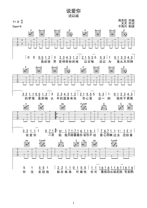 沈以诚《说爱你》吉他谱