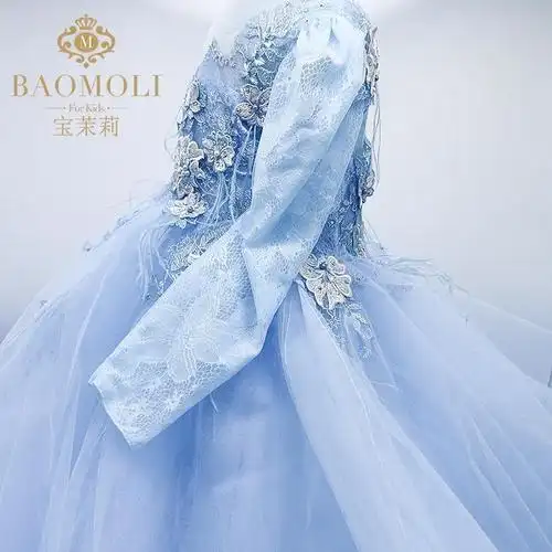 今日推荐宝茉莉水蓝色长袖拖尾礼服长款拖尾