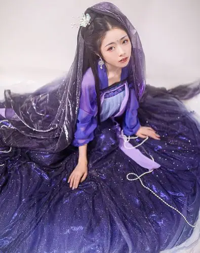 星空汉服女齐胸襦裙紫色山海飘逸古风民族服装