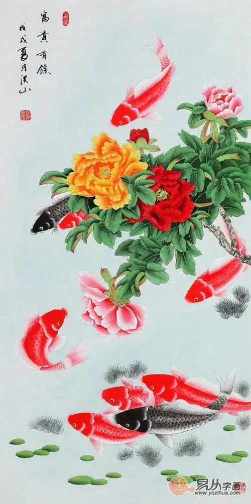 张洪山牡丹九鱼图《富贵有余》(作品来源:易从网)