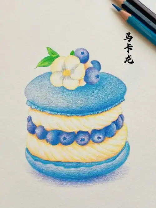 彩铅画甜品马卡龙绘画过程图