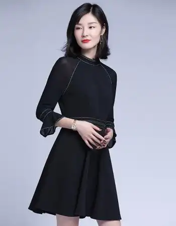 女款秋冬季新款黑色遮肚连衣裙时尚收腰显瘦雪纺女裙子32479 黑色 m