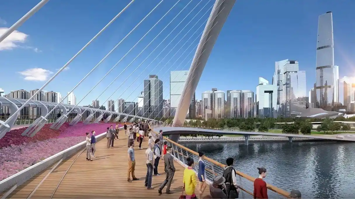 海心桥.人行桥桥型结构为曲梁斜拱组合桥跨度198米,全长48 - 抖音