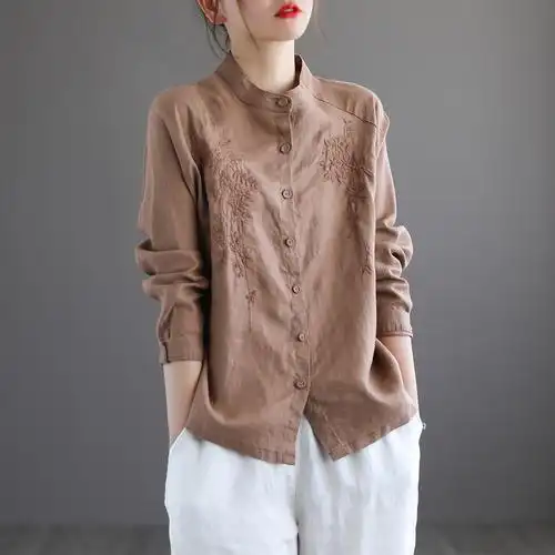 特价棉麻衬衫女 纯亚麻_代勒文艺复古亚麻纯色长袖衬衫女士春季新款重