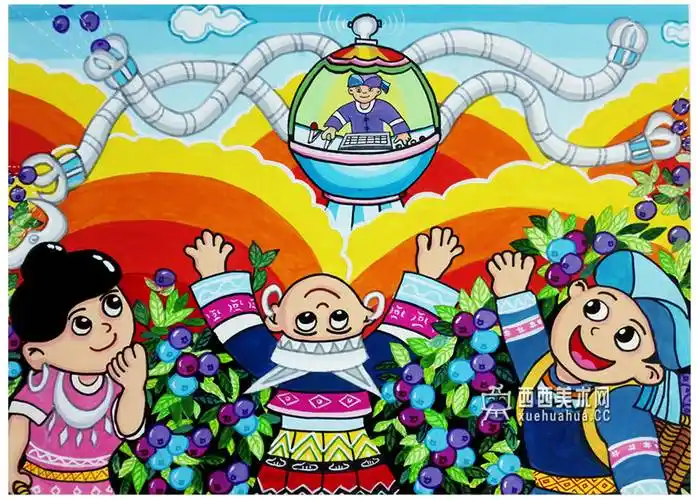 三等奖儿童获奖科幻画《蓝莓采摘机》赏析