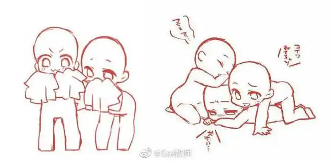 绘画参考#动漫q版双人互动姿势绘画素材参考,值得收藏哦!