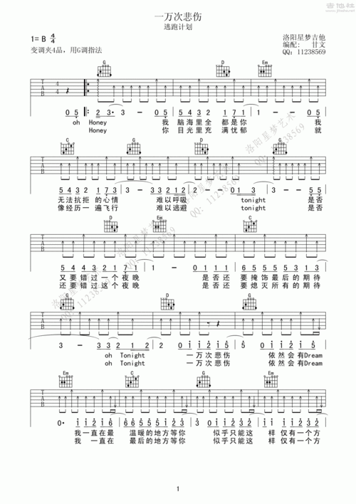 一万次悲伤吉他谱(图片谱,洛阳星梦吉他)_逃跑计划_一万次悲伤01_1.