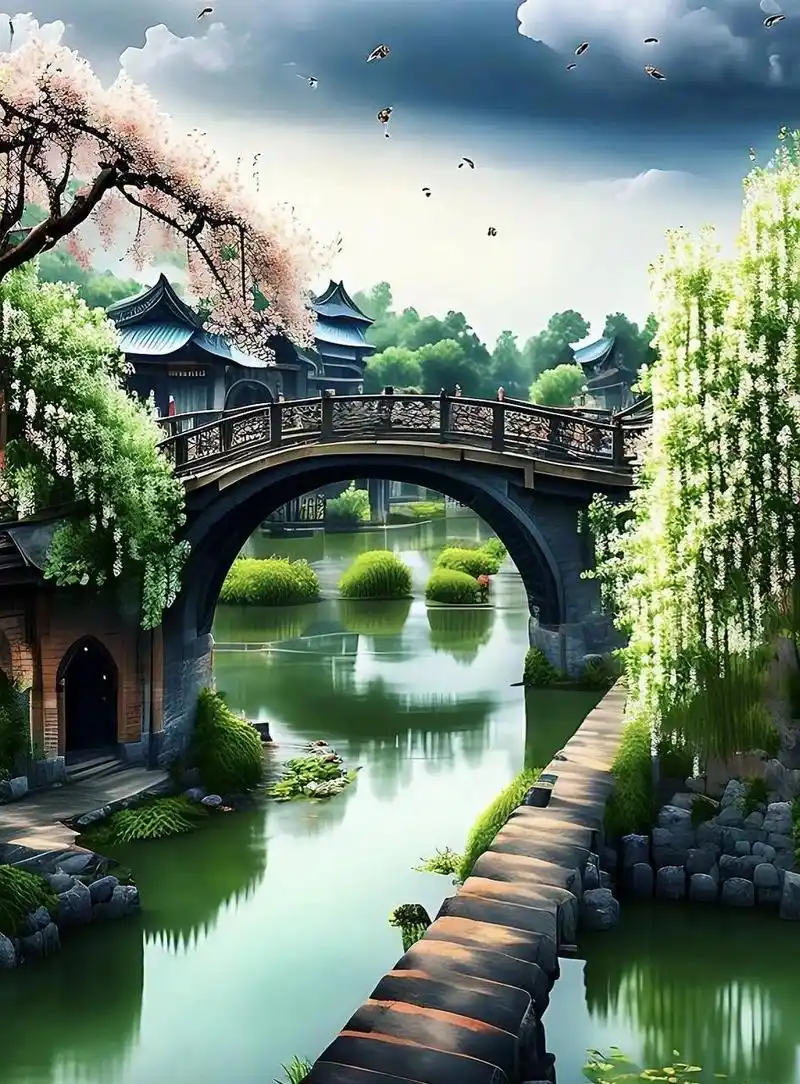 多姿多彩这是江南美景,春天的到来,使得风景格外妖娆,小桥流水,岸边的