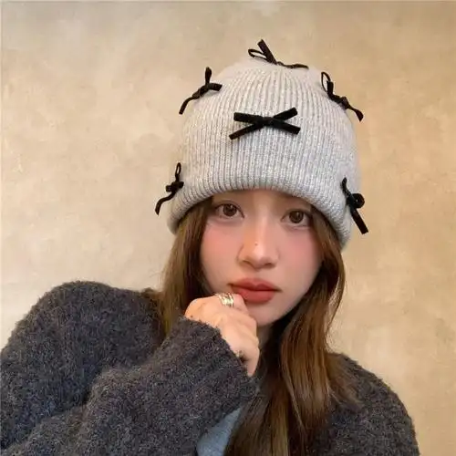 蝴蝶结针织兔毛毛线帽子女秋冬ins甜美加厚保暖冷帽手套-阿里巴巴