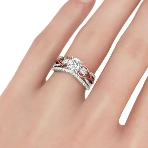 铭菲2021欧美新款简单婚礼订婚锆石钻戒 女士双色创意套戒指