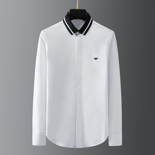 时尚潮牌新款小蜜蜂刺绣免烫修身螺纹翻领休闲长袖修身男士白衬衫