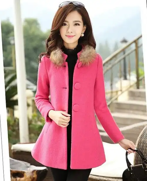 zemaking 2014冬季女装纽扣毛呢外套女毛领女装呢大衣长款修身加厚女