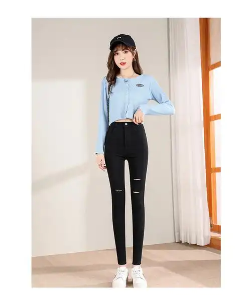 5606#春夏薄款女长裤破洞打底裤学生女裤子修身小脚铅笔女裤子潮 - 17