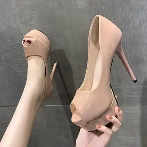 2021年春季新款恨天高细跟鱼嘴超高跟鞋13cm夜场防水台浅口单鞋女
