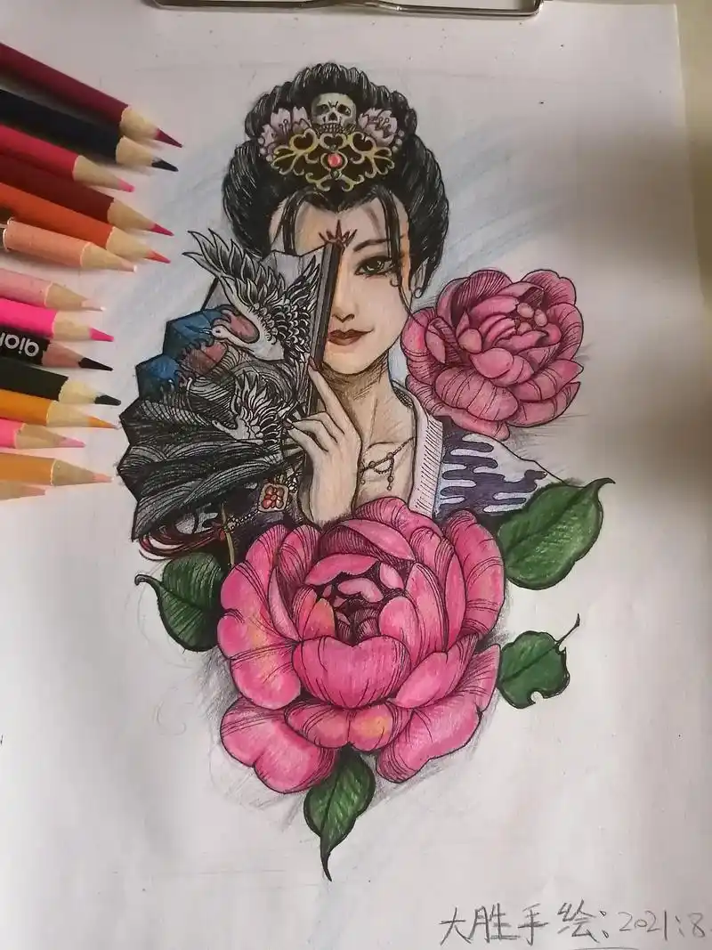 原加色彩日系艺妓纹身手稿待更新新作品多多支持谢谢
