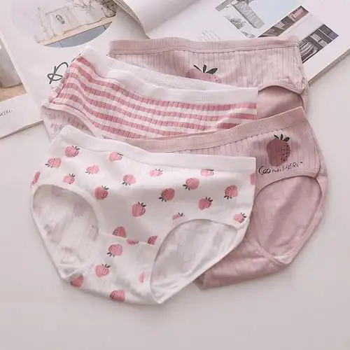 suntek5条莓内裤女棉中腰夏季薄款日系可爱少女学生包臀透气三角裤