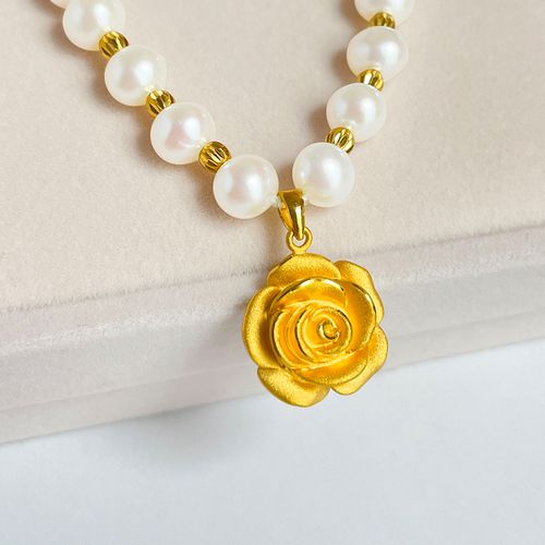 老凤祥款式999足金玫瑰花黄金吊坠女新款淡水珍珠项链520情人节礼物送