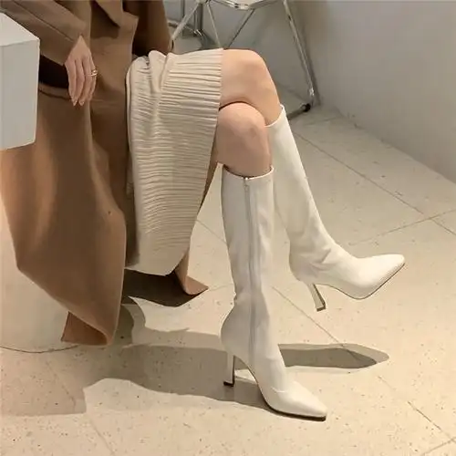 白色长靴女不过膝尖头高跟高筒靴细跟2020秋冬新款长筒弹力瘦瘦靴