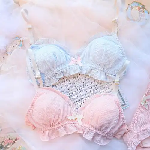 日系软妹可爱少女内衣冰淇色系荷叶飞边棉质文胸套装