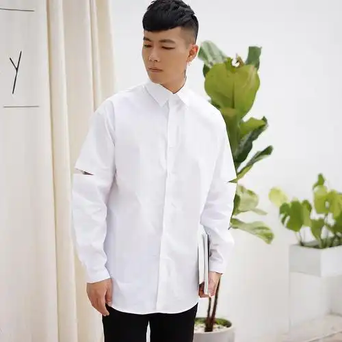 chuppies 版型超正的白衬衫 韩国潮流男生镂空袖子宽松纯色衬衫男