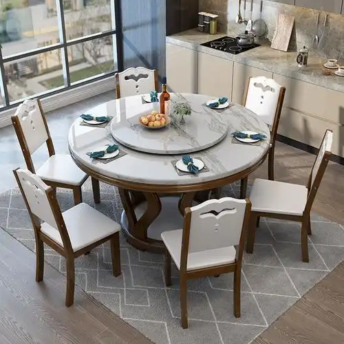 大理石餐桌北欧圆桌带转盘饭桌圆形旋转实木家用电磁炉餐桌椅组合