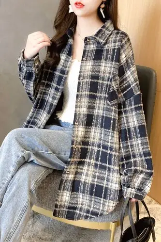 时尚格子中长款加厚羊毛衬衫女秋冬新款韩版百搭雪花网红长袖衬衣