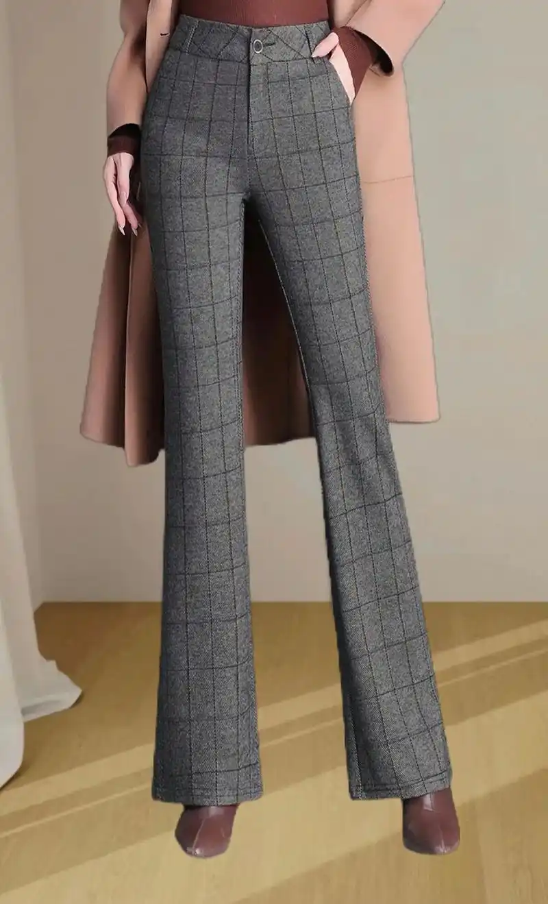 这条高腰毛呢格子微喇裤真的太爱啦.