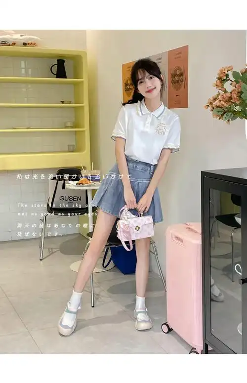 初中生少女polo衫短袖学生夏季女大童百搭翻领设计感正肩t恤上… - 17