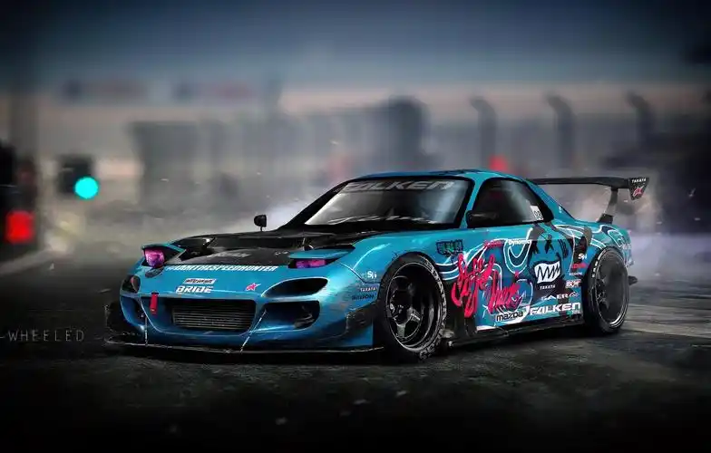 auto, blue, machine, drift, mazda, illustration, mazda rx7