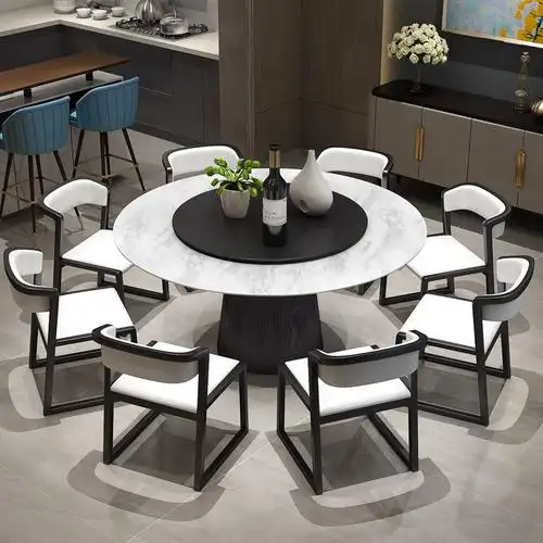 圆桌 大理石圆形餐桌 北欧实木现代简约家用大饭桌 桌椅组合转盘