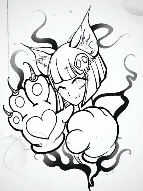 摸一个猫猫女#t原创纹身手稿 #暗黑纹身  #卡通纹身