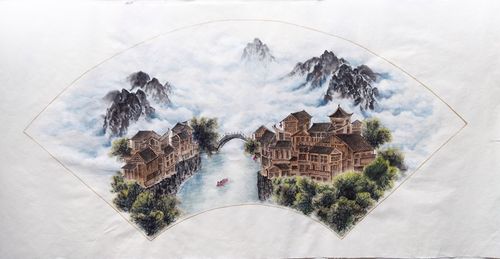 纯手绘山水国画江南古镇青山祥云扇面山水画
