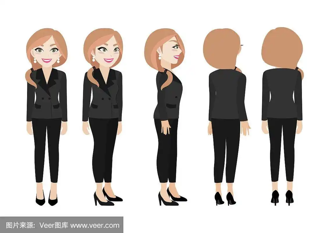 卡通人物与商业女性.正面,侧面,背面,3-4视图动画角色.平面向量插图.