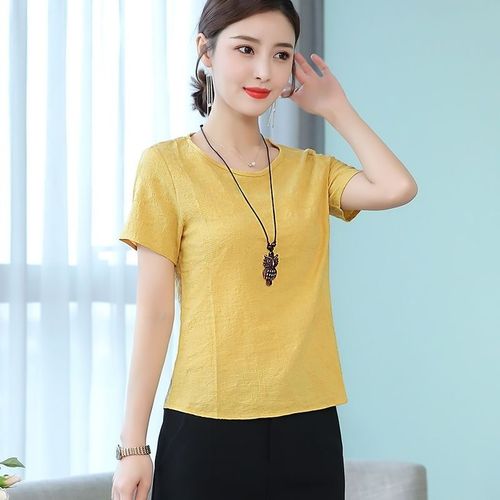 2019新款韩版圆领棉麻上衣女 麻料大码短款高腰宽松百搭亚麻t恤衫