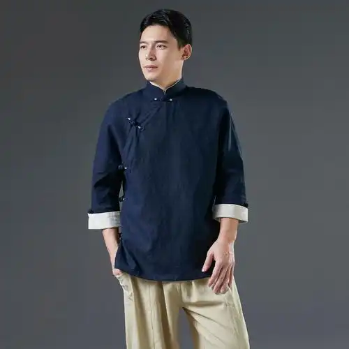 男装新款宽松苎麻唐装上衣中式立领斜襟盘挽袖唐装