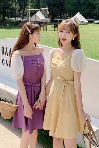 姐妹闺蜜装仙女连衣裙夏季新款法式一字肩收腰显瘦森系小清新裙子