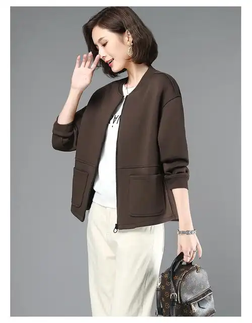 装卫衣女士秋季新款圆领拉链开衫棒球服春秋薄款宽松休闲外套黑色l120