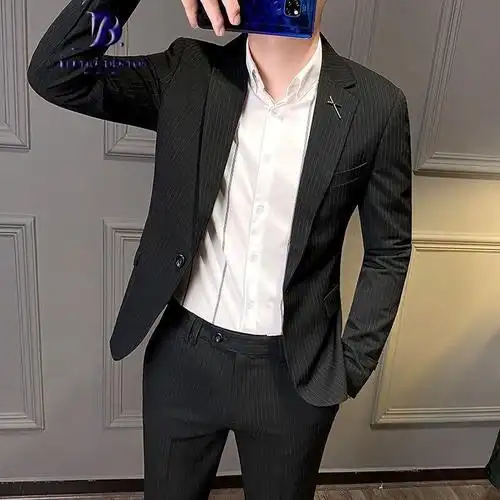 伯莎丹顿品牌西装男套装条纹休闲帅气韩版潮流商务正装修身小西服外套