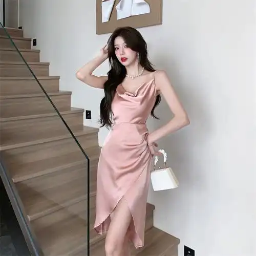2023新款气质名媛吊带礼服裙高级缎面荡领吊带开叉包臀连衣裙