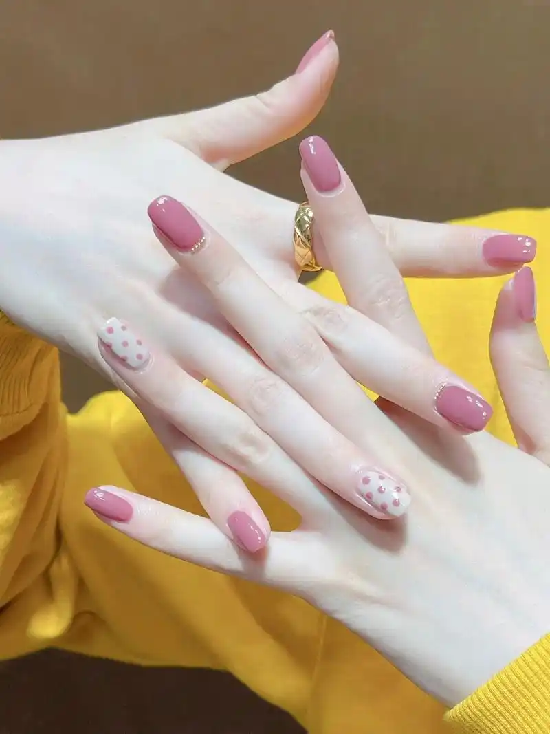 温柔少女豆沙色波点美甲0269♀15简约可爱.